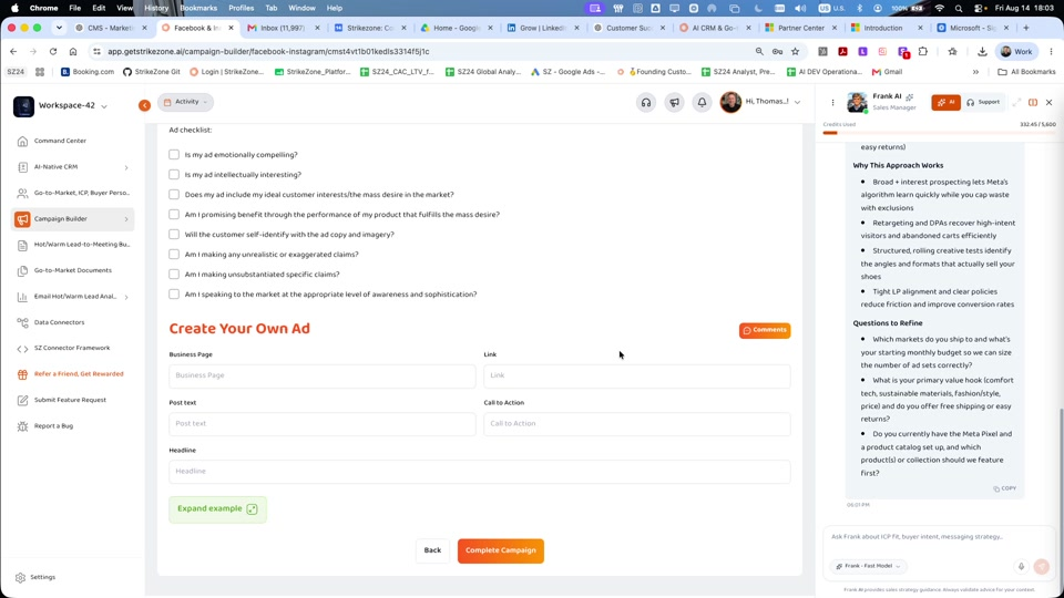 Create Your Own Ad section showing ad fields and Complete Campaign button