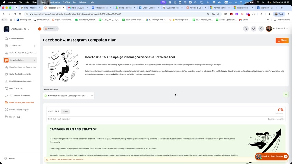 Campaign Builder menu showing Meta Ads Campaign Plan option and landing page