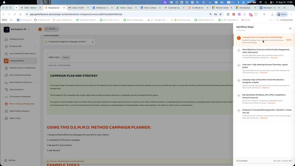 Six-step workflow drawer showing all Meta Ads campaign planning steps with progress