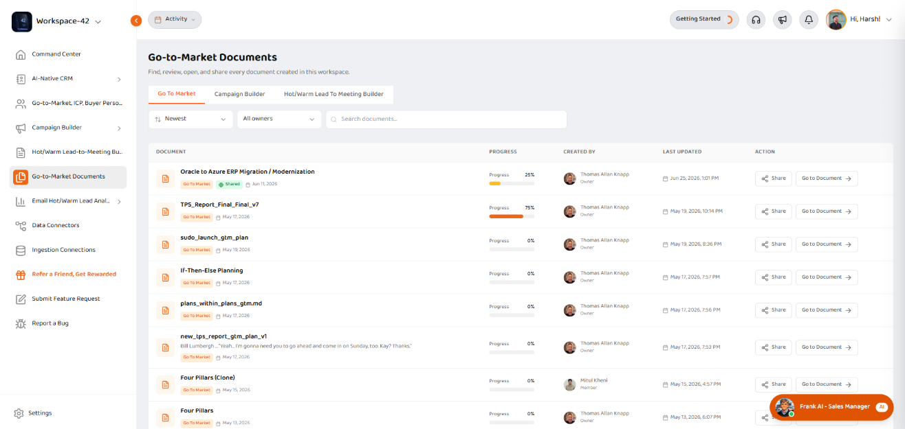 Go-to-Market Documents list view